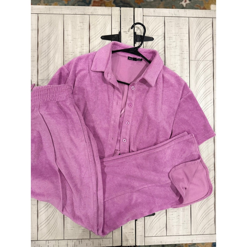 B- 036- 3 Piece Terry Cloth Lounge Set Orchid Pink Crop Top Bralette Wide Leg